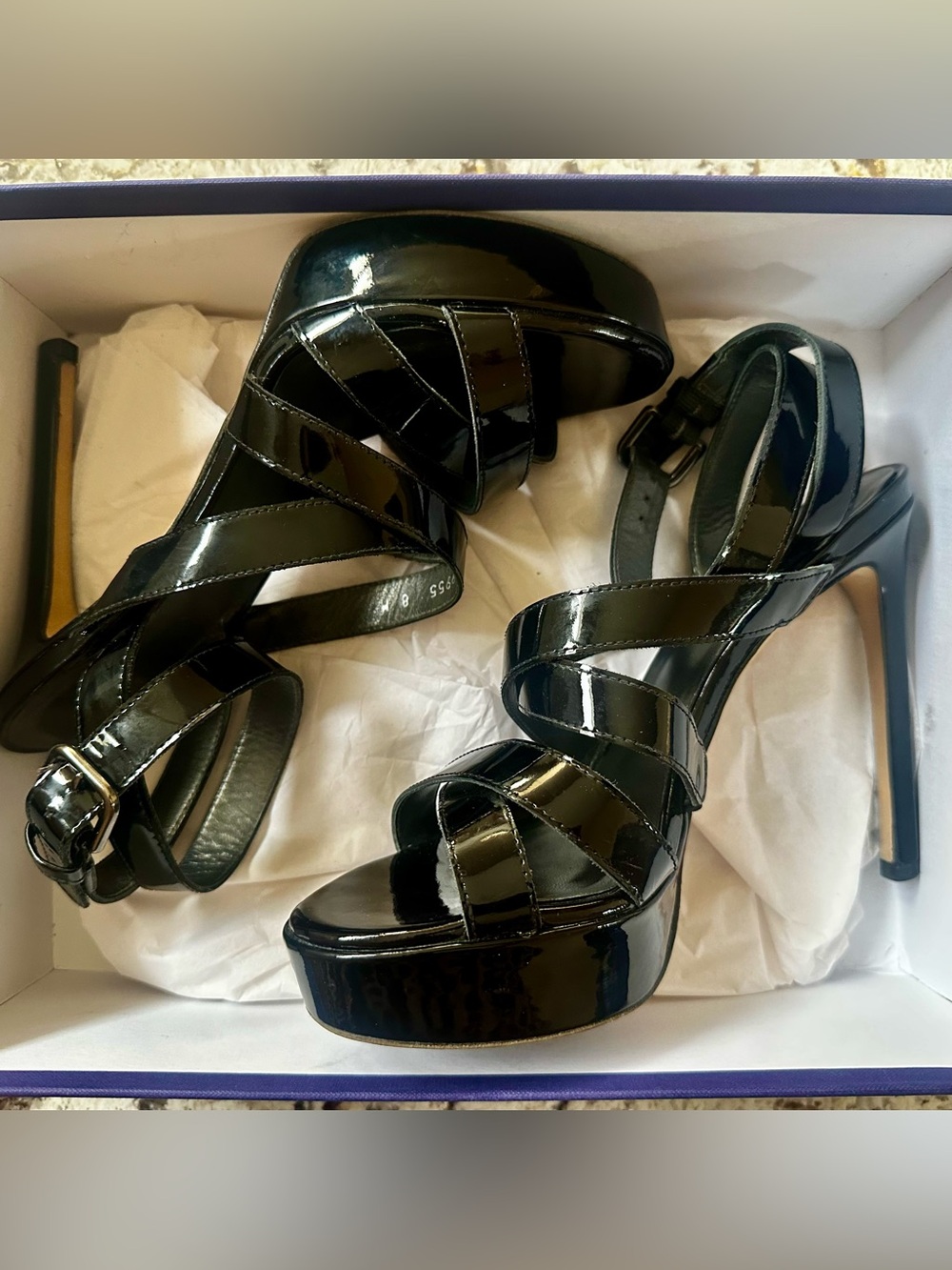 Stuart Weitzman Soundtrack  Black Patent Strappy Platform Heels
